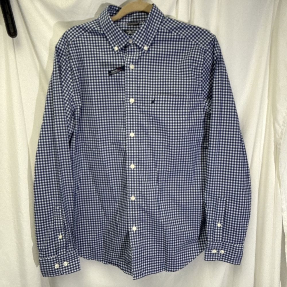 Nautica Flex Shirt Mens Medium Blue Plaid Long Sleeve Button Up Stretch Classic